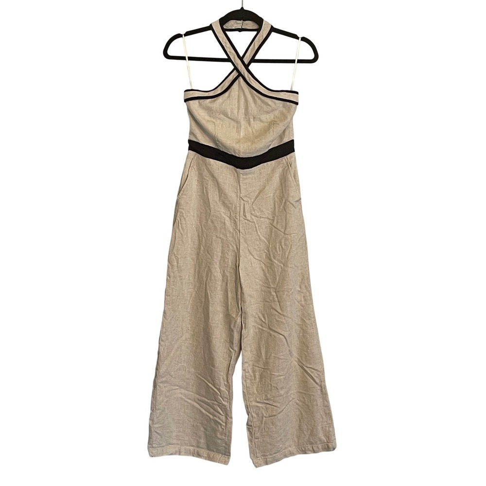 MOTF Shein Premium Women XS Beige Black Linen Blend Halter Wide Leg Jumpsuit